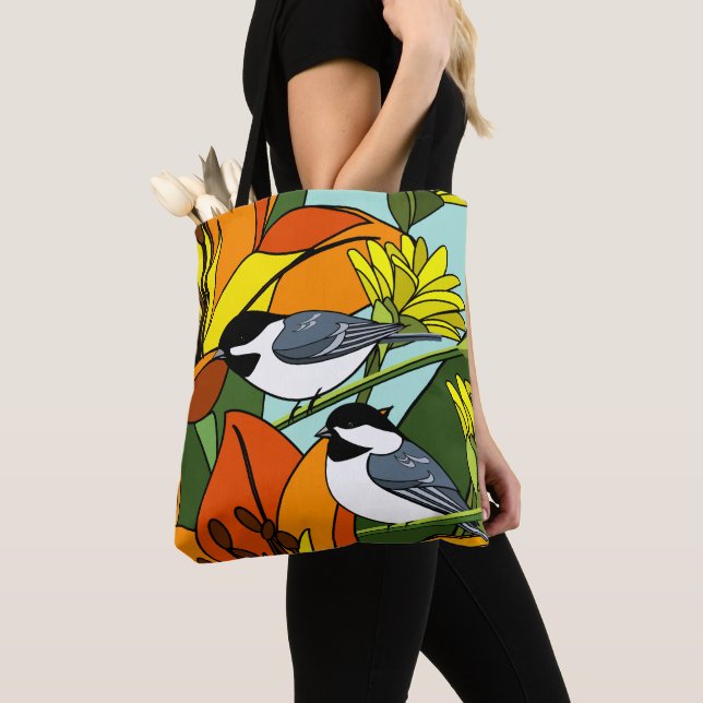 Tote Bag Impression florale orange et poulets (De près)