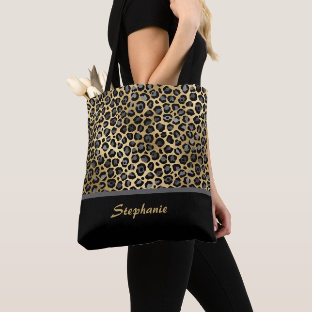 Tote Bag Impression léopard personnalisée | Noir, Gris & Or (De près)