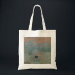 Tote Bag Impression, lever de soleil par Claude Monet<br><div class="desc">Impression,  Sunrise est une peinture de Claude Monet montrée pour la première fois à ce qui allait devenir l'"Exposition des impressionnistes" à Paris en avril 1874. Le tableau est crédité d'avoir inspiré le nom du mouvement impressionniste. Impression générale,  Sunrise représente le port du Havre,  la ville natale de Monet.</div>