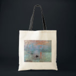 Tote Bag Impression, Sunrise, Claude Monet, 1872<br><div class="desc">Oscar-Claude Monet (14 novembre 1840 - 5 décembre 1926) était un peintre français, un fondateur de la peinture impressionniste française et le praticien le plus constant et le plus prolifique de la philosophie du mouvement d'exprimer ses perceptions avant la nature, surtout en ce qui concerne la peinture en plein air...</div>