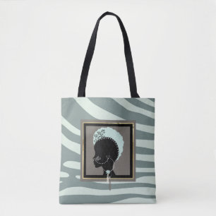 Tote Bag Impression verte à la menthe, crème et noir zèbre