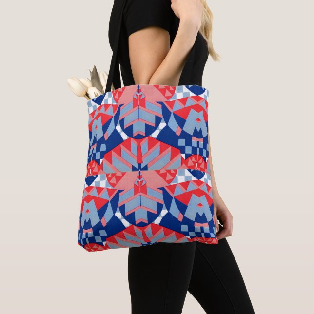 Tote Bag imprimé abstrait rouge blanc et bleu #1 (De près)