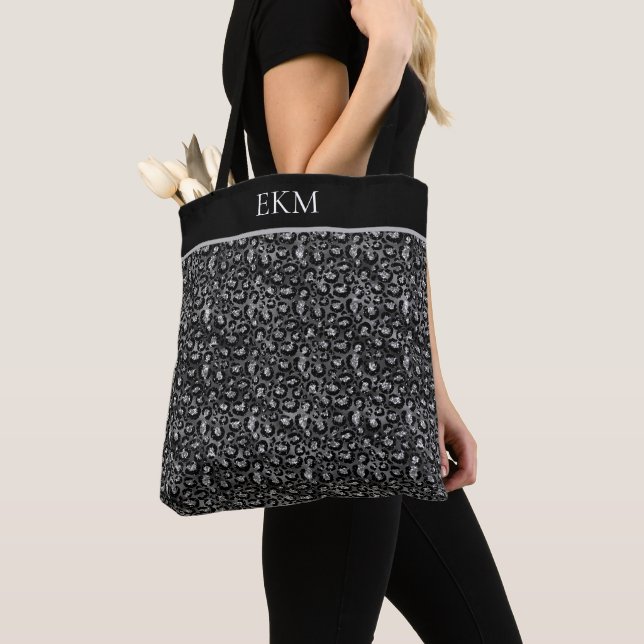 Tote Bag  Imprimé Animalier Léopard Noir Argent Gris (De près)