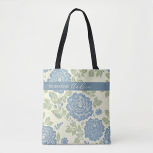 Tote Bag Imprimé floral bleu vert avec rayure bleue