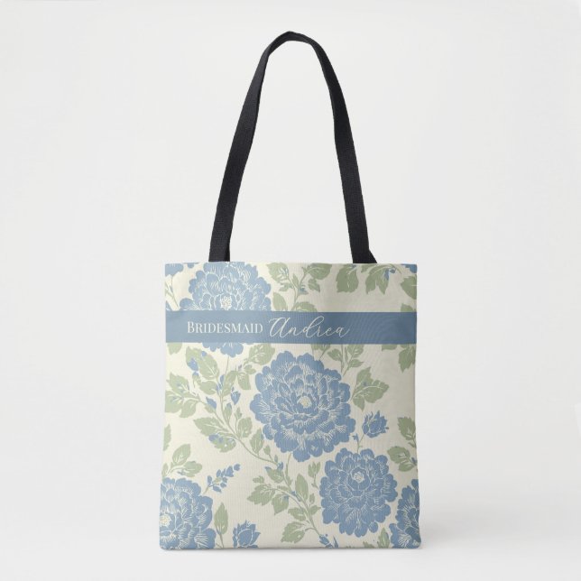 Tote Bag Imprimé floral bleu vert avec rayure bleue  (Devant)