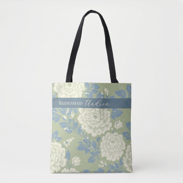 Tote Bag Imprimé floral bleu vert avec rayure bleue (Devant)