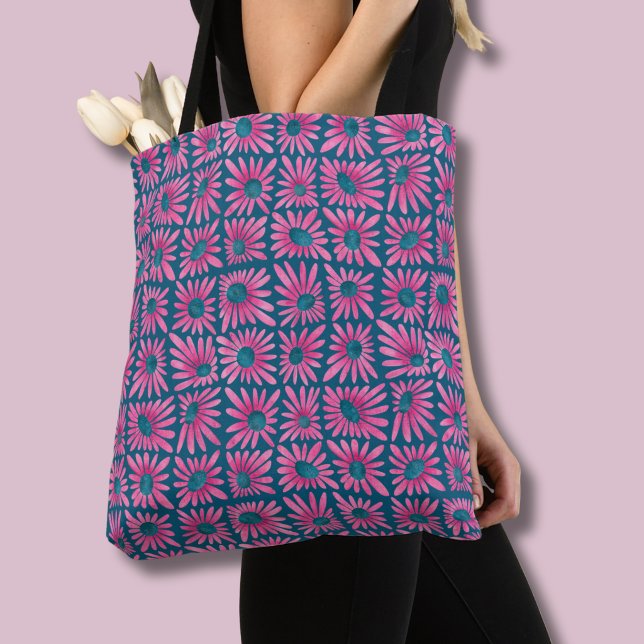 Tote Bag Imprimé floral rétro rose bloc Fleur Daisy (Pink floral daisy retro block print tote bag)