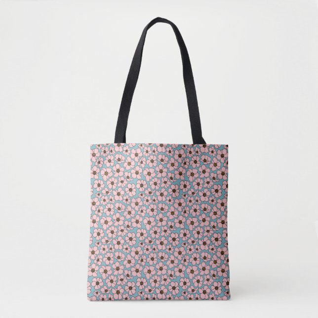 Tote Bag Imprimé floral rose et sarcelle bleue  (Devant)