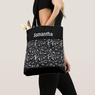 Tote Bag Imprimé léopard gris argent noir guépard Monogramm