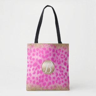 Tote Bag Imprimé léopard rose paillettes dorées monogramme