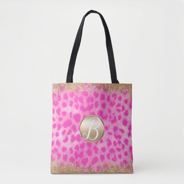 Tote Bag Imprimé léopard rose paillettes dorées monogramme (Devant)