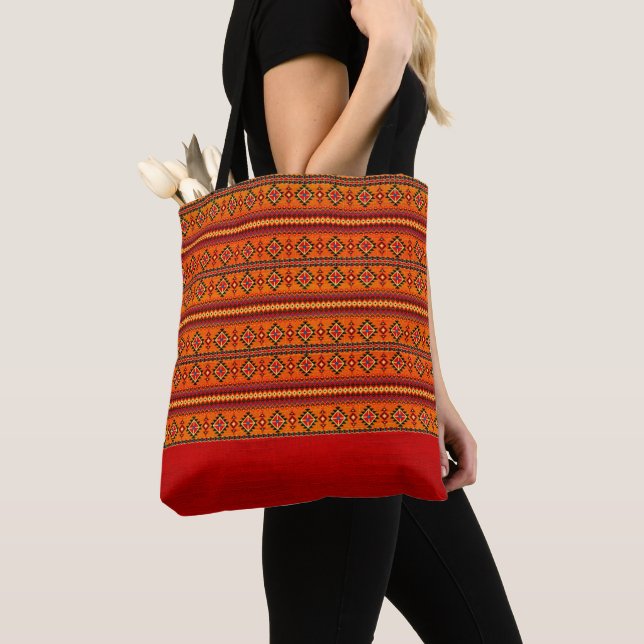 Tote Bag Imprimé tribal orange aztèque tendance (De près)