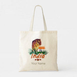 Tote Bag Inde Tigre Vintage Avec Drapeau Retro Lotus Souven
