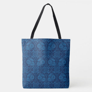 Tote Bag Indigo Blue Floral Faux Lace Motif