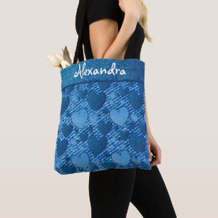 Tote Bag Indigo Denim Blue Jeans Hearts Imprimer Nom du mon