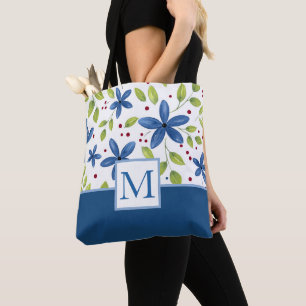 Tote Bag Indigo Watercolor Floral Bouquet Motif