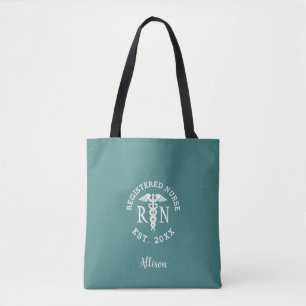 Tote Bag Infirmière autorisée Caduceus Turquoise Blanc Pe