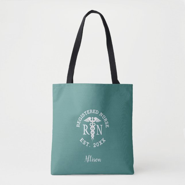 Tote Bag Infirmière autorisée Caduceus Turquoise Blanc Pers (Devant)
