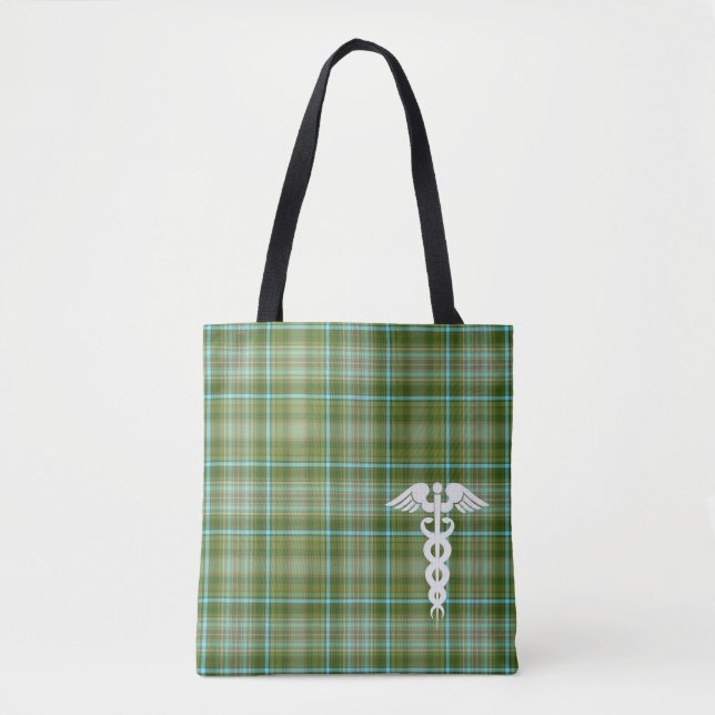 Tote Bag Infirmière Green Plaid Caduceus Médicale (Devant)