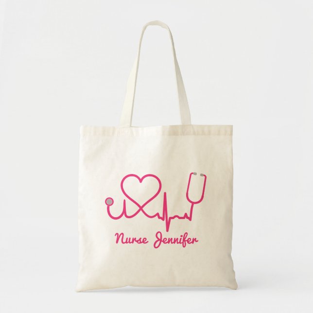 Tote Bag Infirmière personnalisée rose Nom Stethoscope Coeu (Devant)