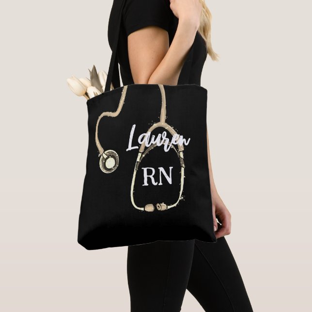 Tote Bag Infirmière RN Gold Stethoscope Monogramme Minimali (De près)