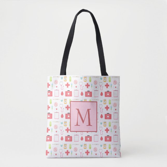 Tote Bag Infirmière rose et blanche de monogramme (Devant)