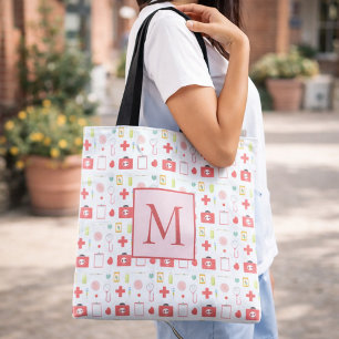 Tote Bag Infirmière Vie Monogramme Icônes Médicales Mignonn