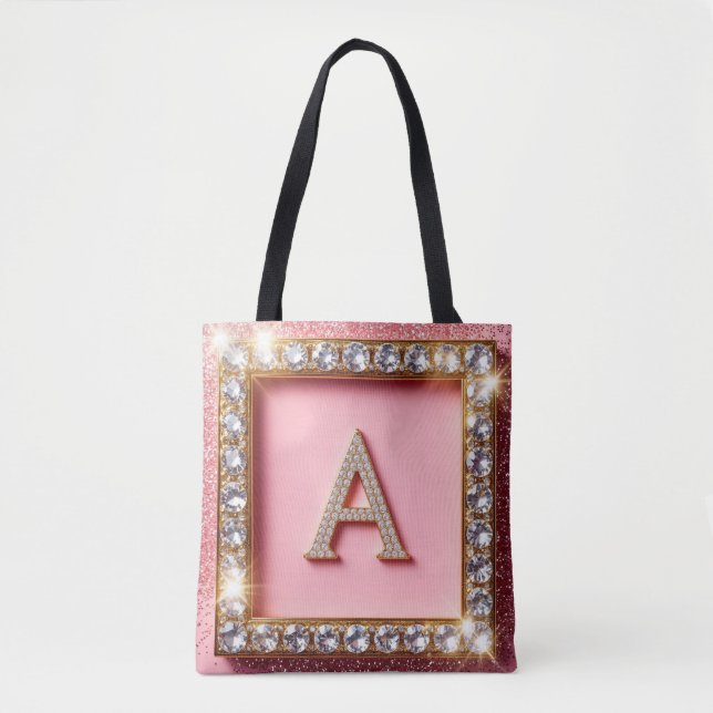 Tote Bag Initiale A Diamant Cadre Doré Paillettes Roses Mon (Devant)