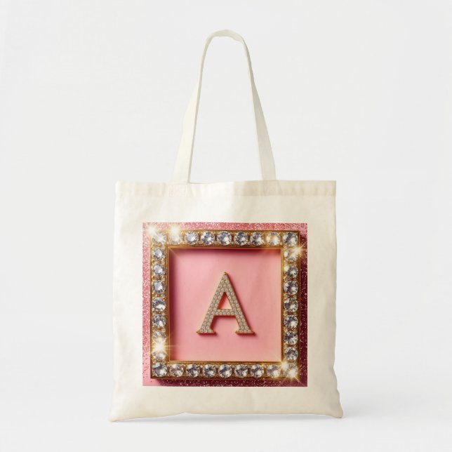 Tote Bag Initiale A Diamant Cadre Doré Paillettes Roses Mon (Devant)