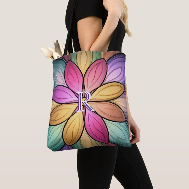 Tote Bag Initiale de monogramme floral en vitrail élégant (De près)