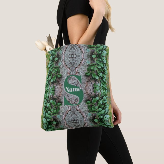 Tote Bag Initiale de monogramme personnalisé avec feuilles  (De près)