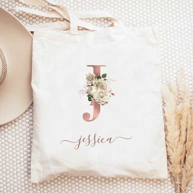 Tote Bag Initiale J en Monogramme Or Rose Ivoire Floral (Créateur téléchargé)