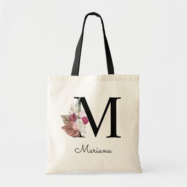 Tote Bag Initiale M brodée Monogramme Rose Bohème Florale (Devant)