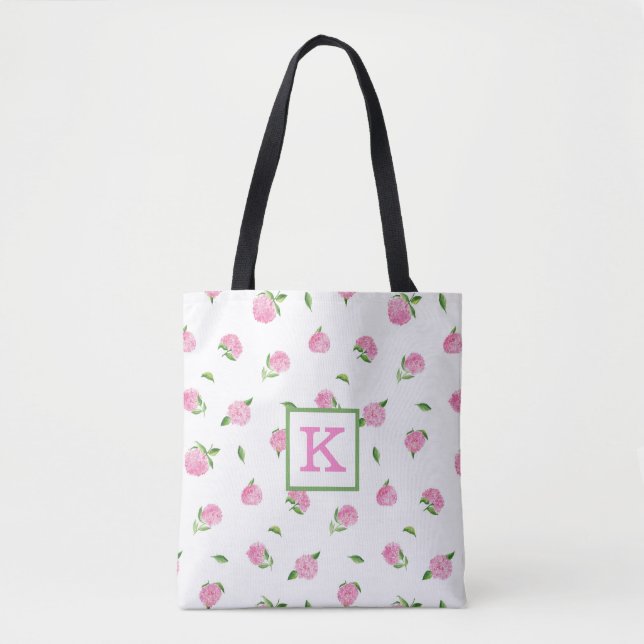 Tote Bag Initiales aux Hydrangeas Rose Aquarelle (Devant)