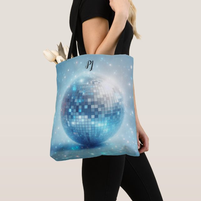 Tote Bag Initiales de boule disco lumineuse bleue  (De près)