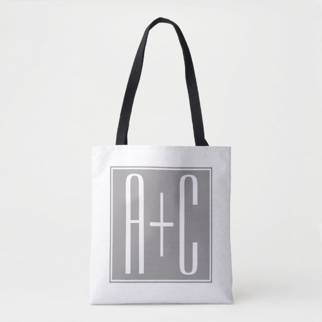 Tote Bag Initiales de couple modifiables | Blanc et gris (Devant)