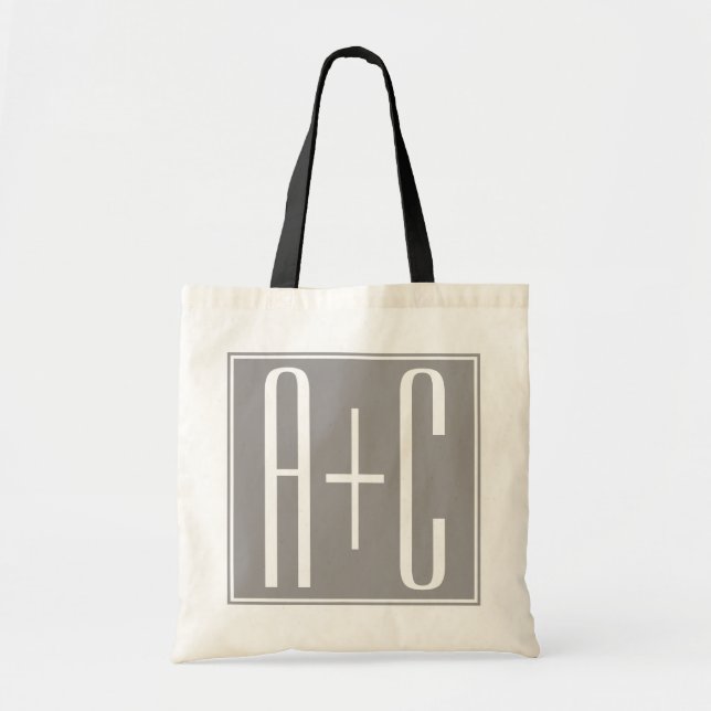 Tote Bag Initiales de couples ou autre texte | Blanc & Gris (Devant)