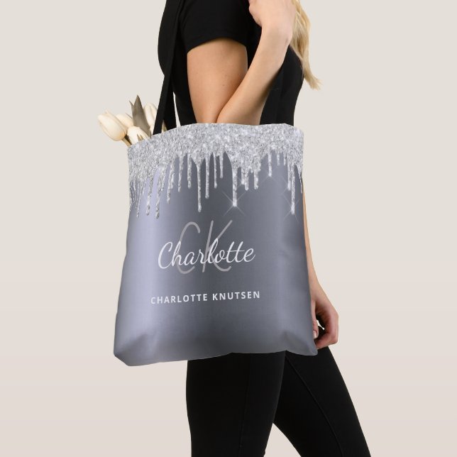 Tote Bag Initiales de monogramme avec gouttes de paillettes (De près)
