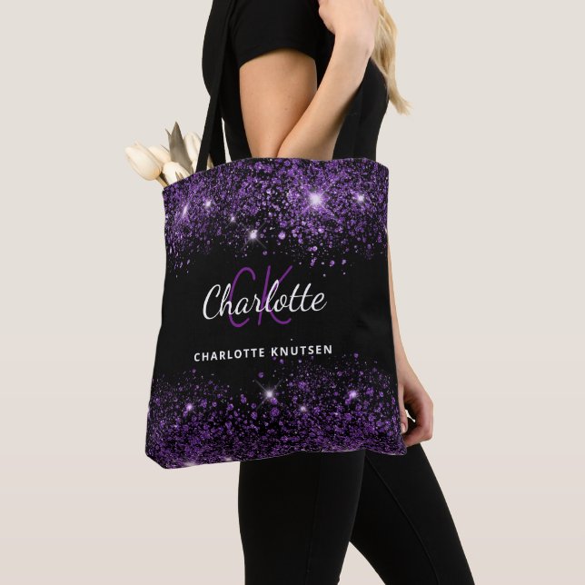 Tote Bag Initiales de monogramme en paillettes violettes no (De près)