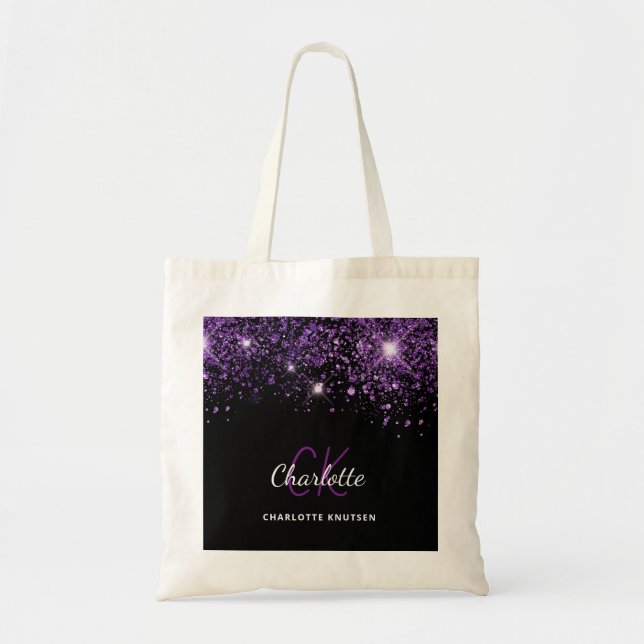 Tote Bag Initiales de monogramme scintillant violet noir (Devant)