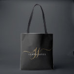 Tote Bag Initiales du Monogramme moderne Gold Script<br><div class="desc">Un élégant sac fourre-tout de style moderne et minimaliste,  avec un nom sans serif et d'élégantes initiales en or swash sur le noir.</div>