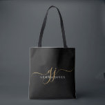 Tote Bag Initiales du Monogramme moderne Gold Script<br><div class="desc">Un élégant sac fourre-tout de style moderne et minimaliste,  avec un nom sans serif et d'élégantes initiales en or swash sur le noir.</div>