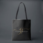 Tote Bag Initiales du Monogramme moderne Gold Script Noir<br><div class="desc">Un élégant sac fourre-tout de style moderne et minimaliste,  avec un nom sans serif et d'élégantes initiales en or swash sur le noir.</div>