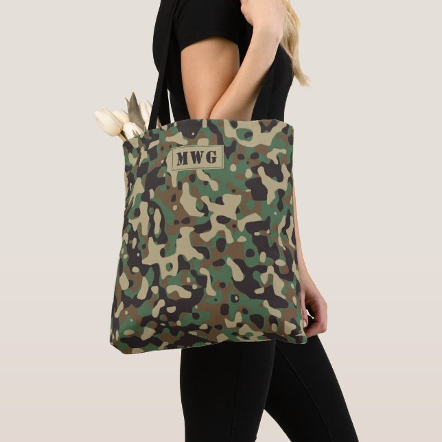 Tote Bag Initiales du monogramme motif camouflage Camo (De près)
