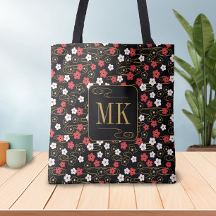 Tote Bag Initiales du monogramme noir Sakura en fleurs