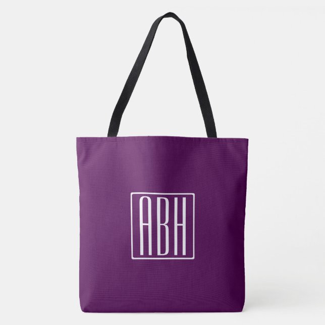 Tote Bag Initiales Monogramme | Blanc Sur Violet Foncé (Devant)