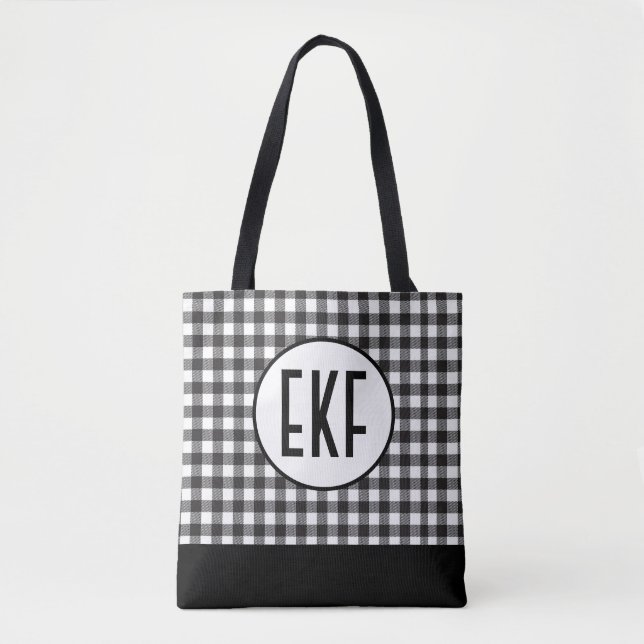 Tote Bag Initiales Monogramme Cadeau à Carreaux Noir Blanc  (Devant)
