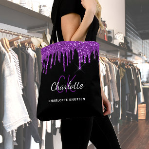 Tote Bag Initiales monogramme en gouttes de paillettes viol