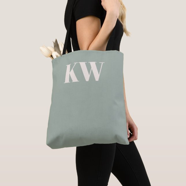 Tote Bag Initiales Monogramme Vert Sauge Moderne Personnali (De près)