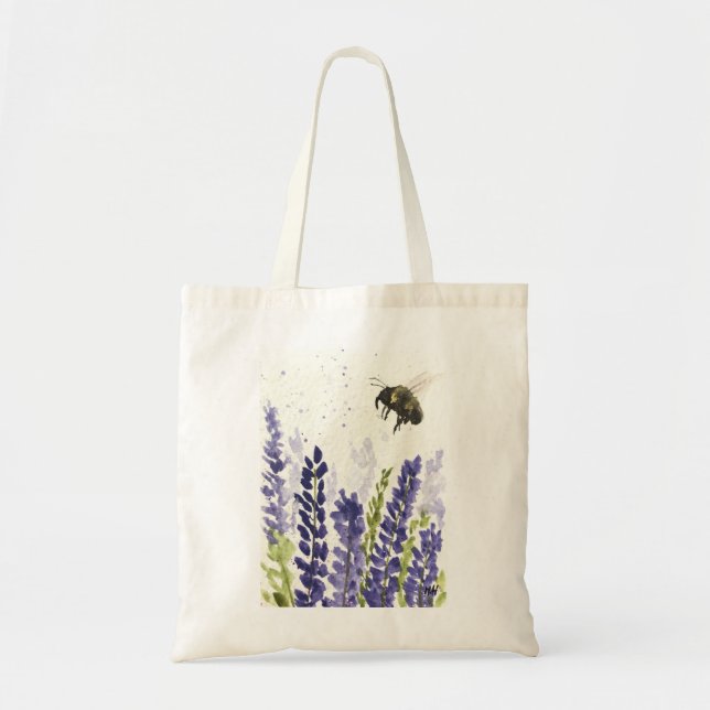 Tote Bag Insecte de l'aquarelle du bourdon de lavande Fleur (Devant)